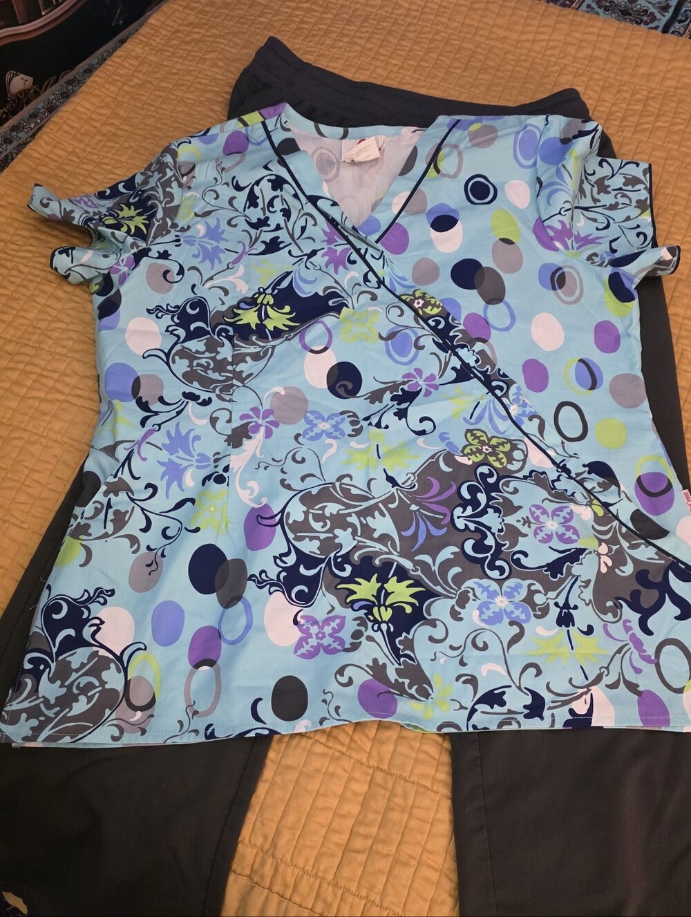 White Cross Light Blue Printed Wrap-Style Women’s Top With Grey SCRUBStar Pants